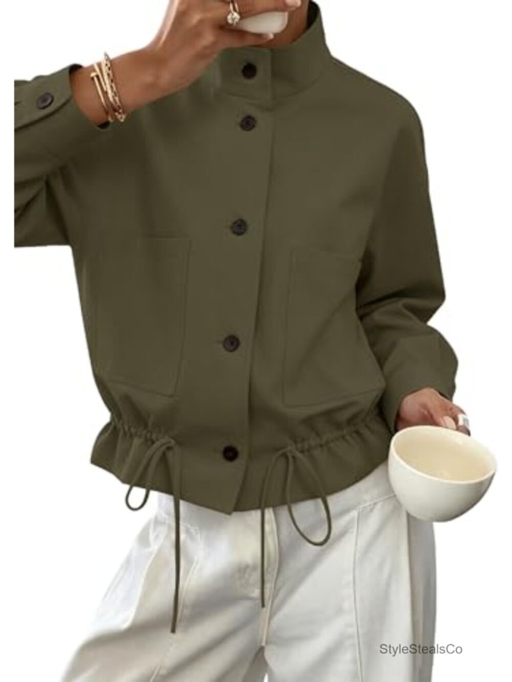 Womens Cropped Jacket 100% Polyester Funnel Neck Ruffle Hem Casual Coat